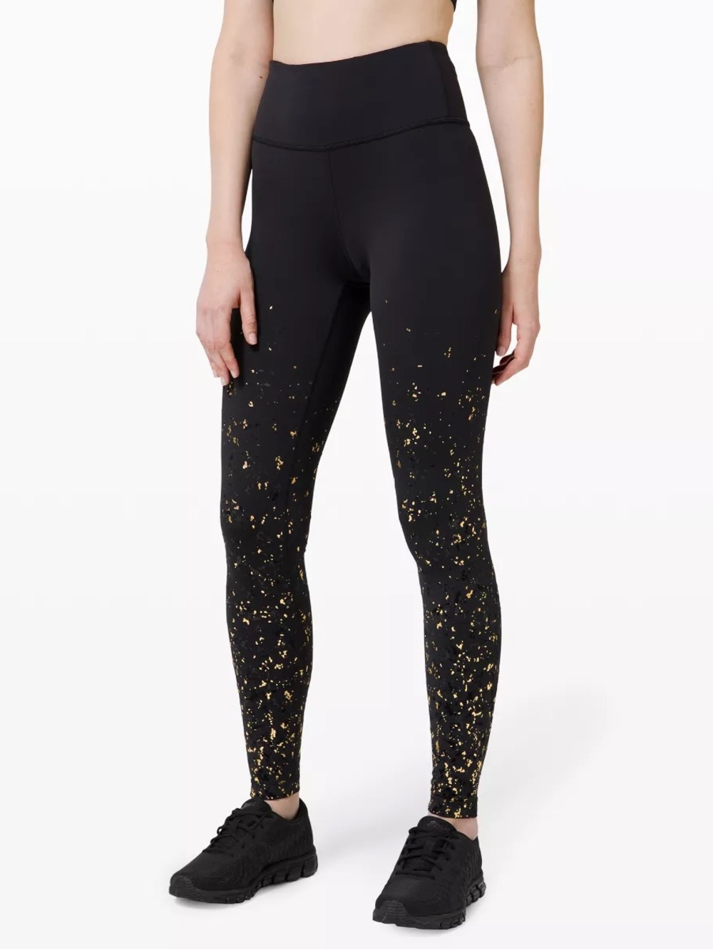 Lululemon• High-Waist Black Leggings with Gold Foil Accent